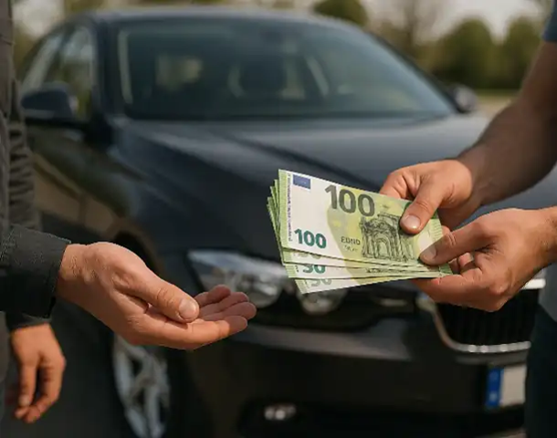 Ein Kunde erhält beim Autoankauf in Bergkamen eine Barzahlung für sein Fahrzeug.